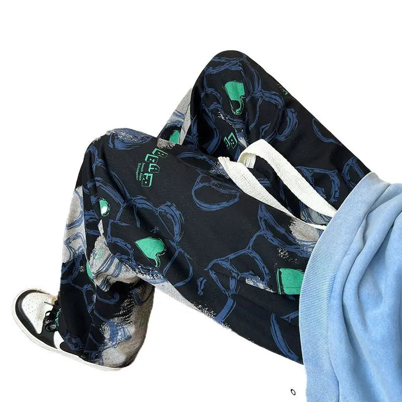 New Straight Loose Casual Pants Bear Print Drawstring Pockets
