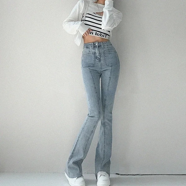 Vintage Bell Bottom Jeans Women High Stretch Flare Denim Pants