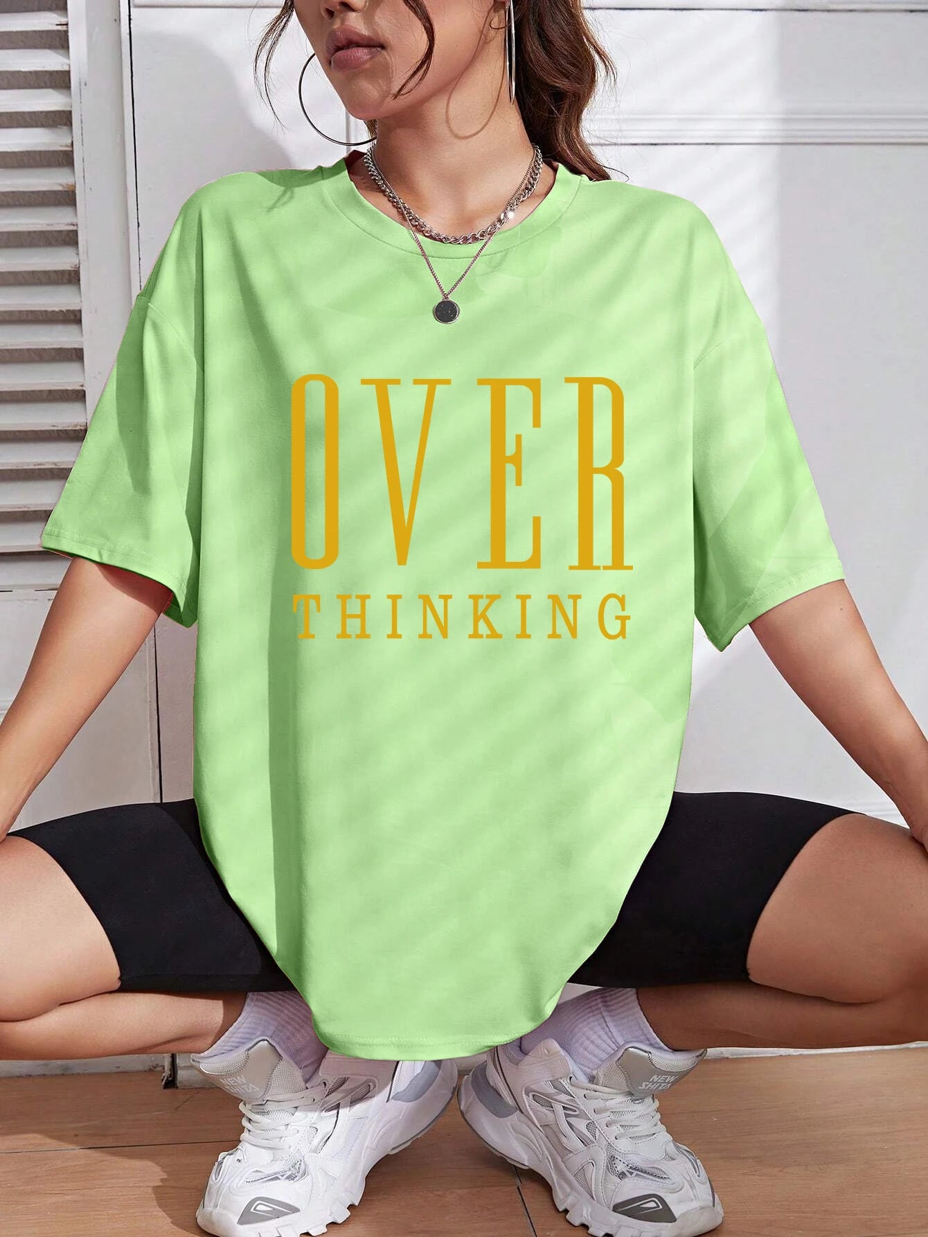 Over Thinking Letter Print Women Cotton Short Sleeve Breathable Vintage O-Neck