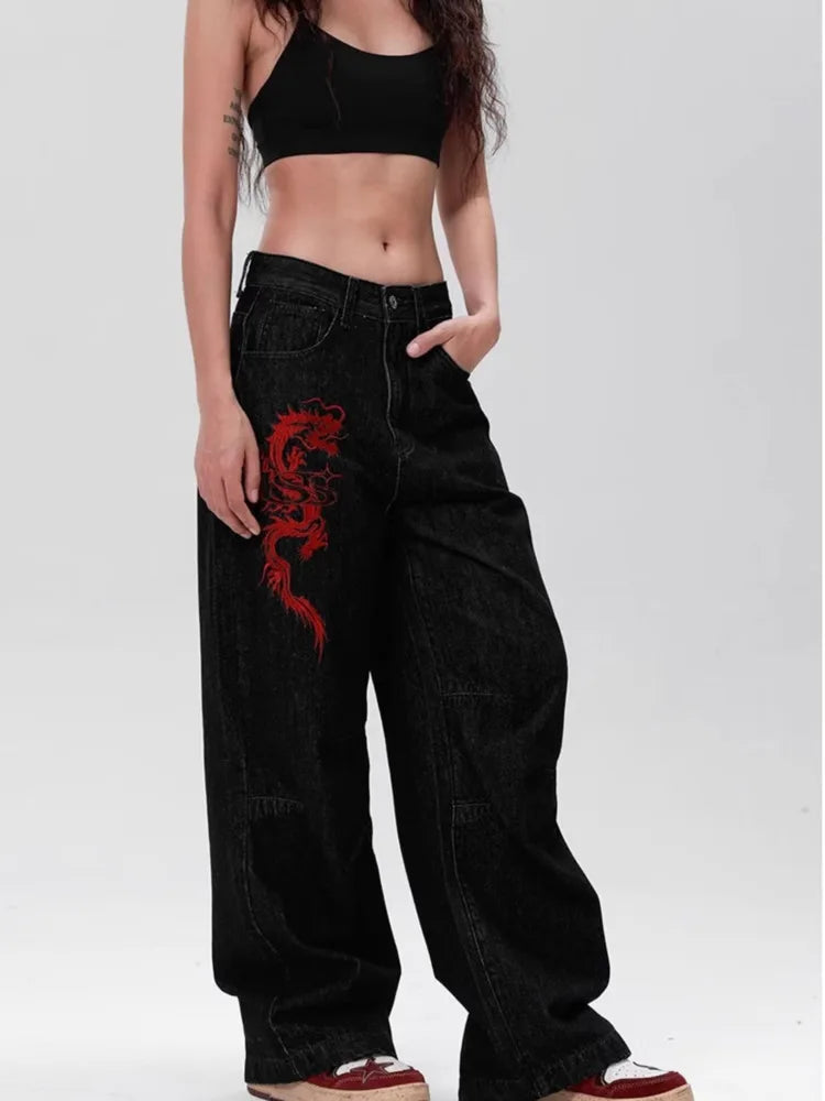 Retro Dragon Embroidered Wide-Leg Jeans Women Casual Trendy Loose Pants