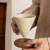 Ceramic Coffee Cup Retro Conical Wood Base Handle Heat Proof Tea Set