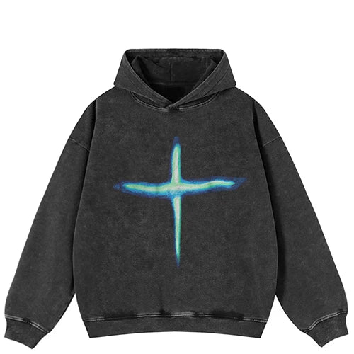 Men Hip Hop Oversized Hoodie Shiny Cross Graphic