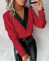 Womens V Neck Button Blouse Color Block Long Sleeve Office Shirt