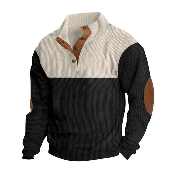 Men's Corduroy Sweatshirt - Stand Collar Color Block Button Up