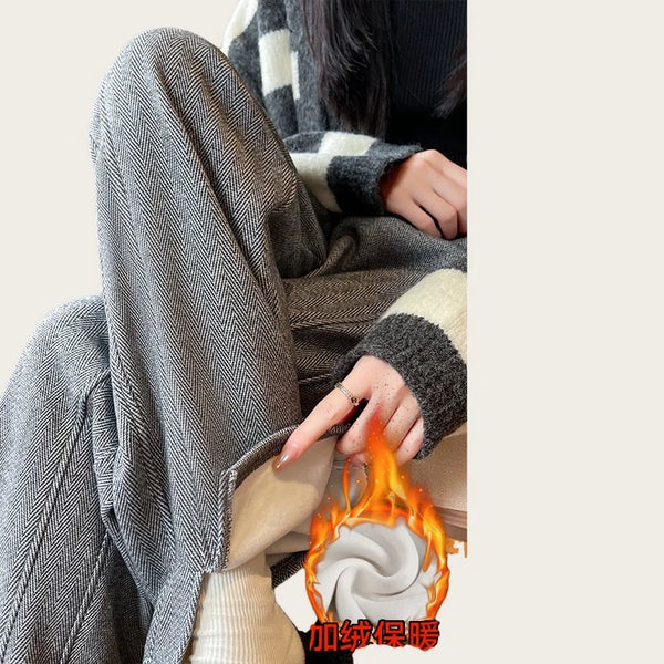Fleece Lined Wide Leg Pants Women Split Hem Winter Trousers