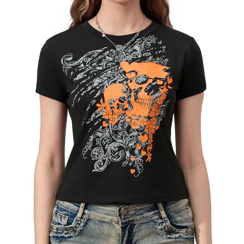 Y2K Skull Print T-Shirt Women’s Slim Fit Summer Streetwear Club Top