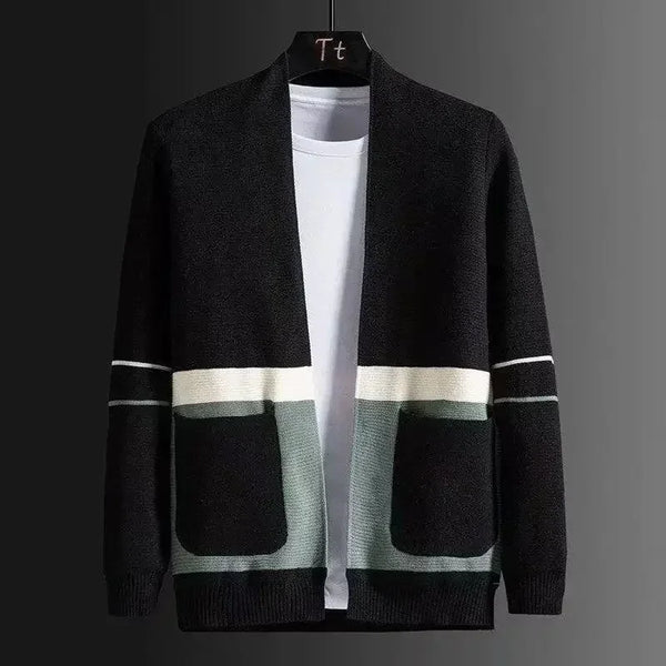 Mens Patchwork Cardigan Knit Sweater Korean Oversized Wool Coat