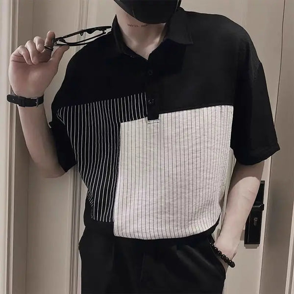 Ice Silk Men Short Sleeve Polo T Shirts Striped Spliced Fashion