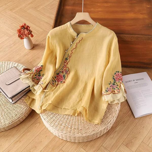 Womens Vintage Embroidered Top Cotton Linen Loose Summer Shirt