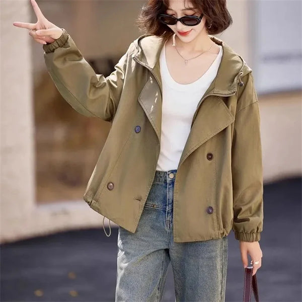 Womens Cropped Trench Coat Double Layer Hooded Short Windbreaker