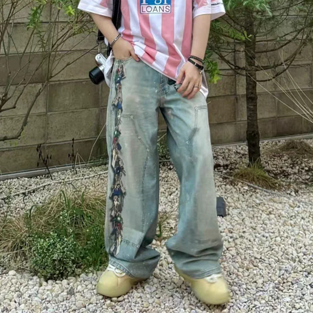 Washed Blue Men Baggy Jeans High Street Vintage Style