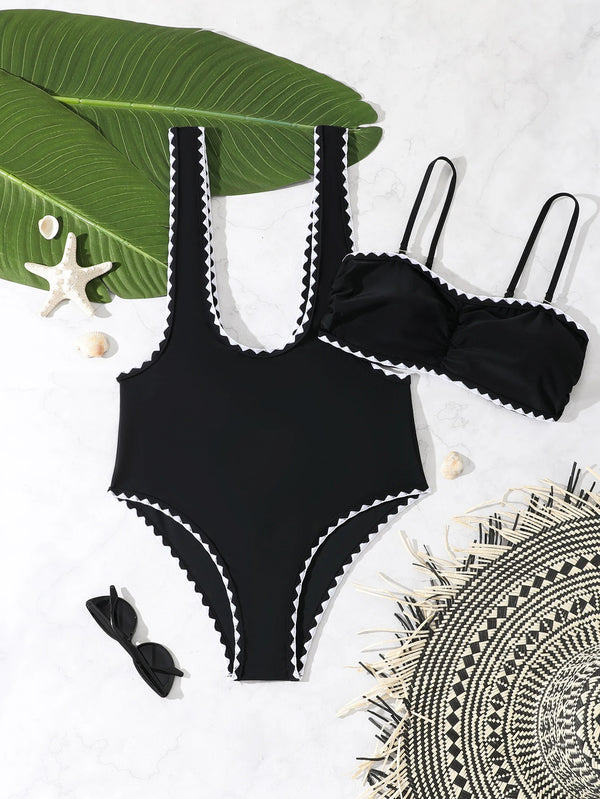 Womens Strappy Two Piece Bikini Black High Cut Leg Swimsuit