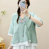 Womens Vintage Embroidered Top Cotton Linen Loose Summer Shirt
