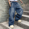 Men Baggy Denim Pants Wide Leg High Waist Belt Casual Trousers