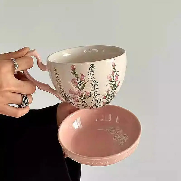 Large Ceramic Mug with Lid Handle Farmhouse Retro Coffee Soup Gift