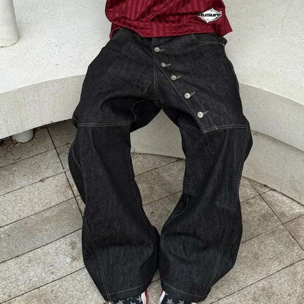 Mens Buckle Detail Curved Leg Jeans Black Wide Fit Hip Hop Pants