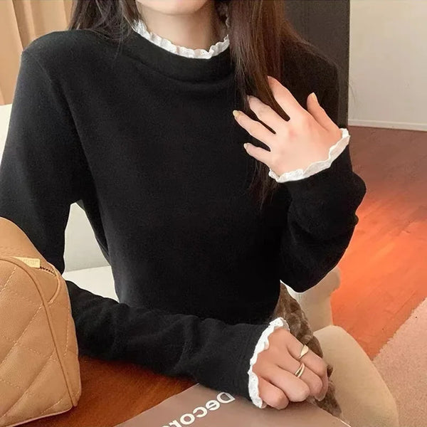 Fleece Lined Mock Neck Top Women Lace Trim Thermal Base Layer Winter