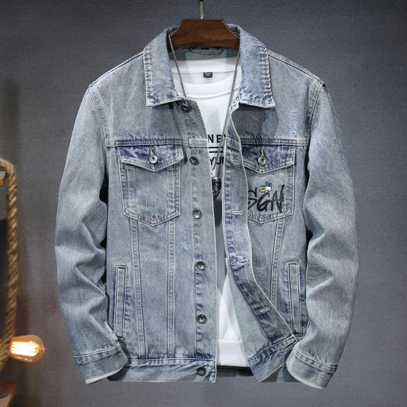 New Autumn Men's Denim Jacket Cartoon Print Street Trend Slim Coat