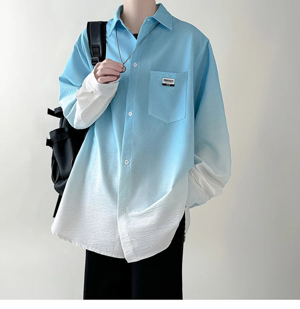 Men's shirt Gradient Plicated Long Sleeve Shirts Loose