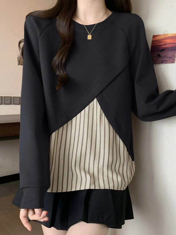 Plus Size Layered Look Striped Top Women Loose Slimming Blouse