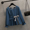 Spring Fashion Square Neck Waist Slim Shirt Women's Unique Bow