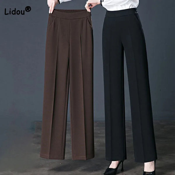 Womens High Waist Pants Elastic Straight Leg Casual Trousers Pockets