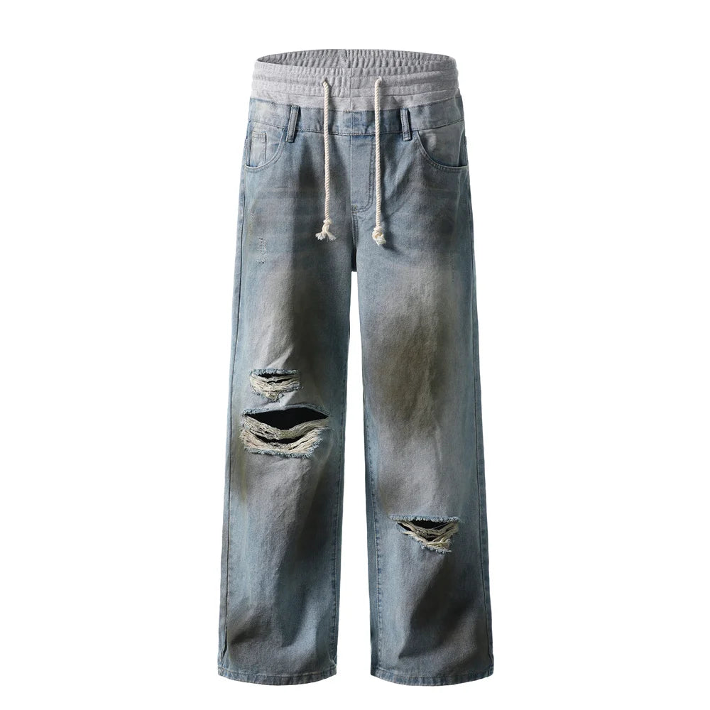 Men's Dirty Baggy Jeans Vintage Distressed Ripped Hip Hop Denim Pants