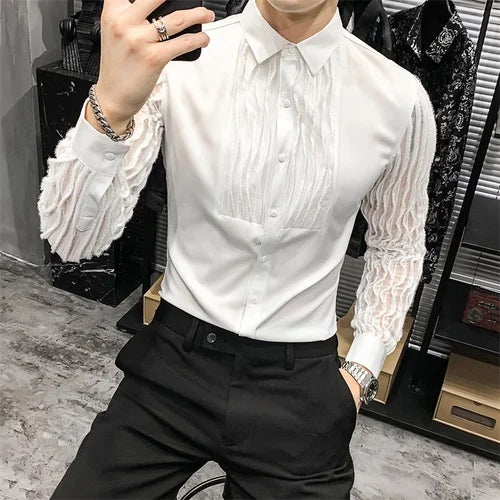Mens Lace Hollow Shirt Long Sleeve Party Nightclub Stage Wear
