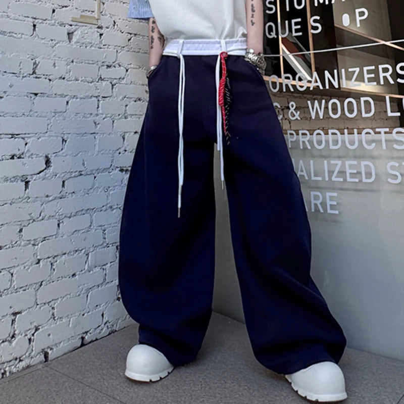 Men's Wide Leg Sweatpants Korean Style Contrast Ribbon