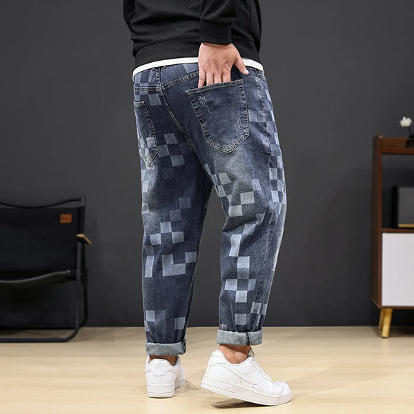 8XL Mosaic Print Oversized Jeans Men’s Loose Denim