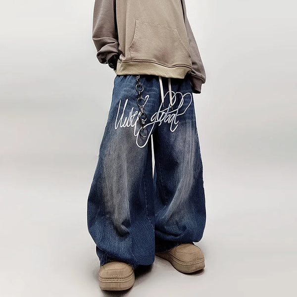 2025 Spring Embroidery Letter Baggy Wide Leg Jeans Men Vintage Denim