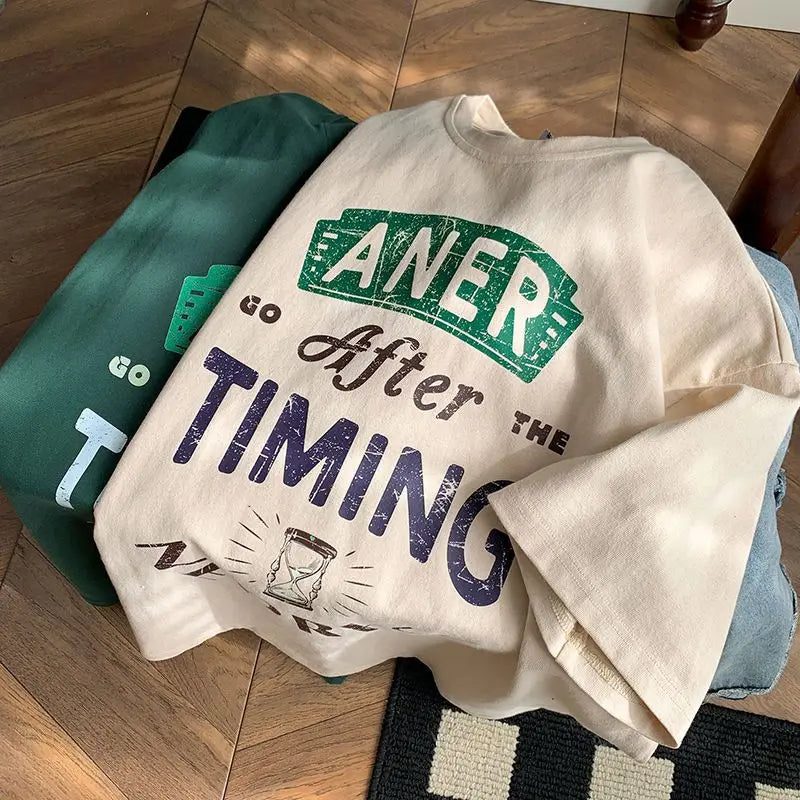 Heavy cotton American retro T-shirt men's short-sleeved half-sleeved