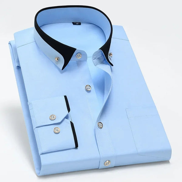 Men’s No-Iron Long Sleeve Shirt – Business Casual Solid Color with Contrasting Collar (Spring Autumn)