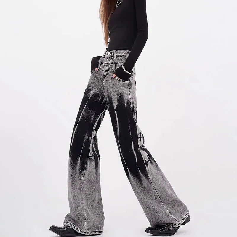 Women's Gradient Gray Wide Leg Jeans High Waisted Loose Streetwear Denim
