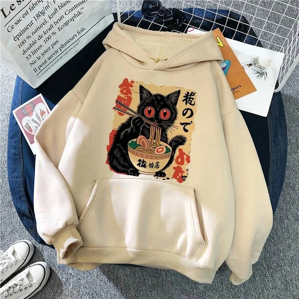 Cat Eating Ramen Hoodie Womens Plus Size Cute Graphic Sweatshirt 90s