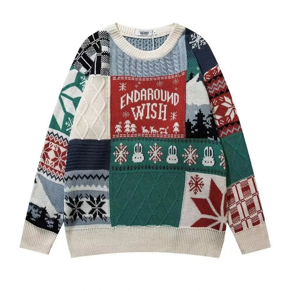 Mens Twist Jacquard Knit Sweater Vintage Pattern Crew Neck