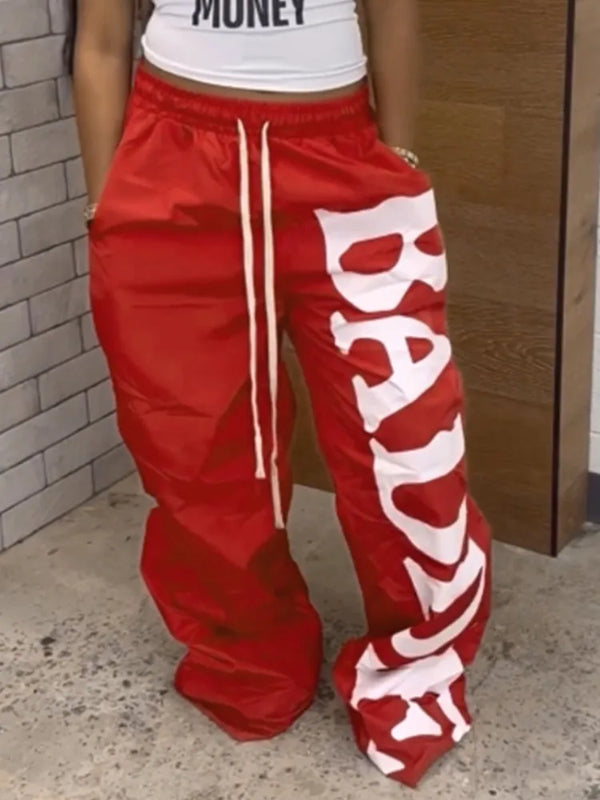 Letter Printed Thin Loose Quick Dry Pants Women Hipster Drawstring High Waist