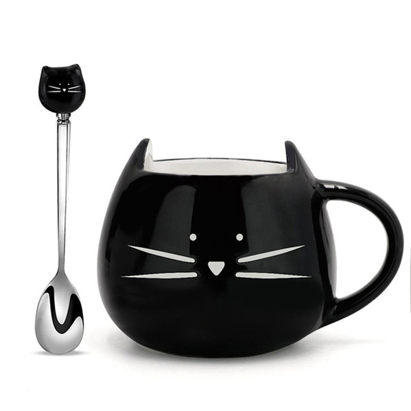 Cartoon Cat Mugs Coffee Cups with Stirring Spoon Black White Ceramic