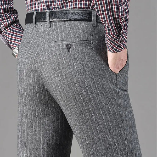Men Fleece Lined Wool Dress Pants High Waist Winter Business Slacks