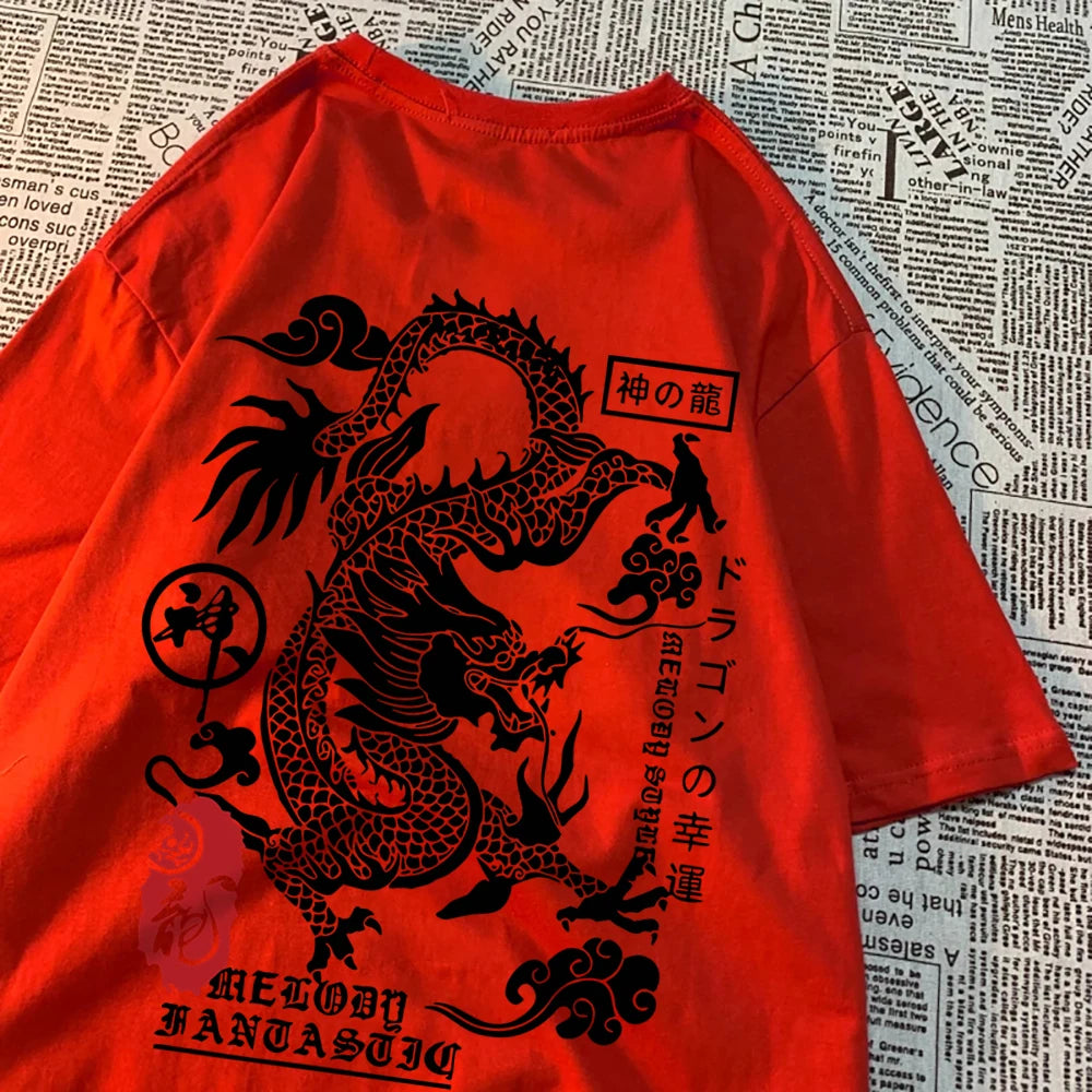 Men's Harajuku Dragon T-Shirt Hip Hop Loose Cotton Summer