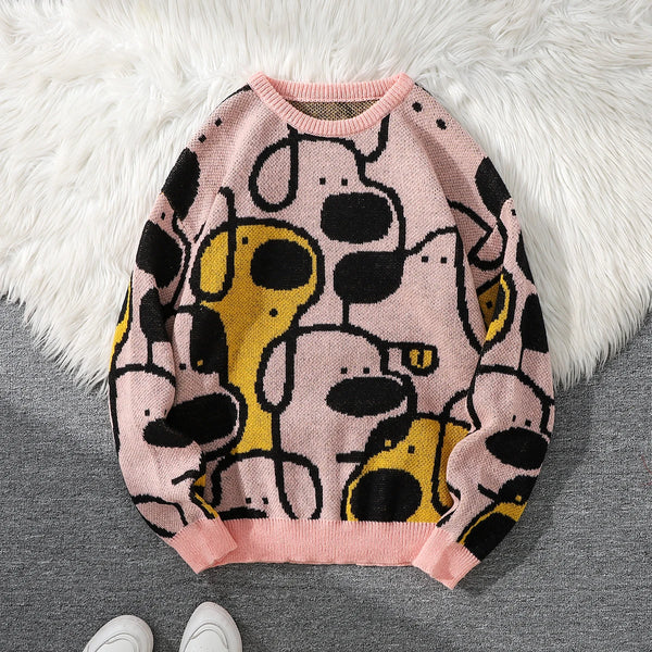 Mens Dog Print Sweater Crew Neck Double Sided Knit Pullover Casual