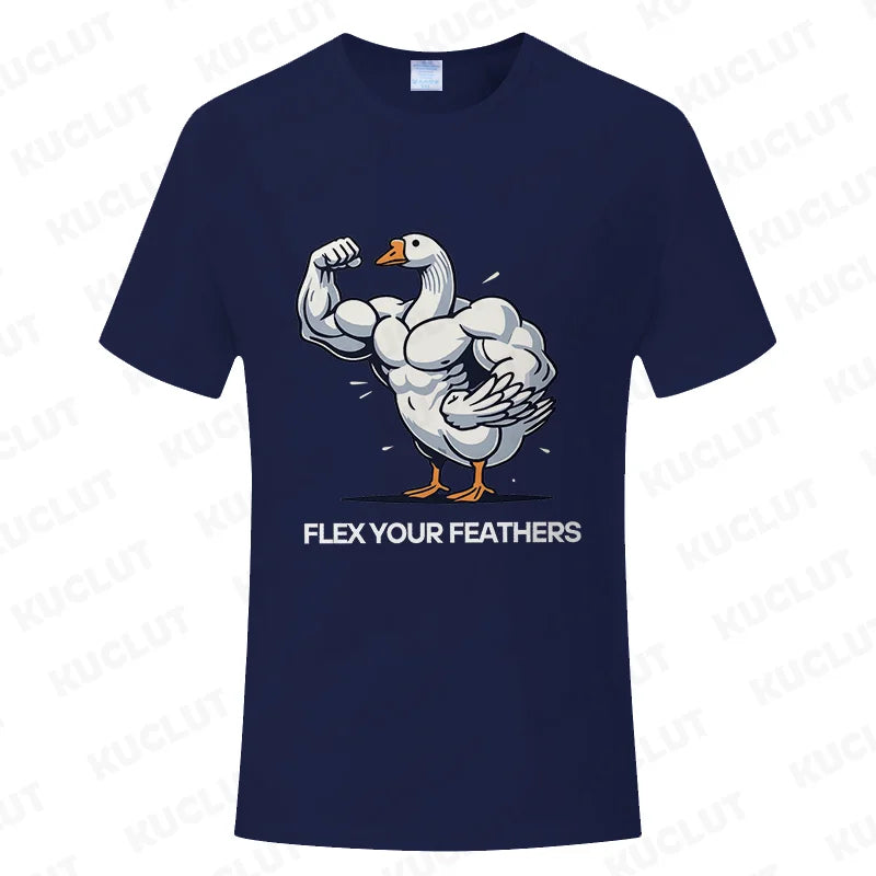Men's Funny Gym Goose T-Shirt Flex Your Feathers Workout Cartoon Tee