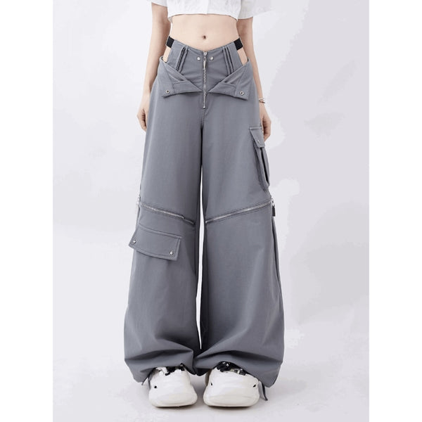 Graue Retro-Cargohose für Damen mit mehreren Taschen