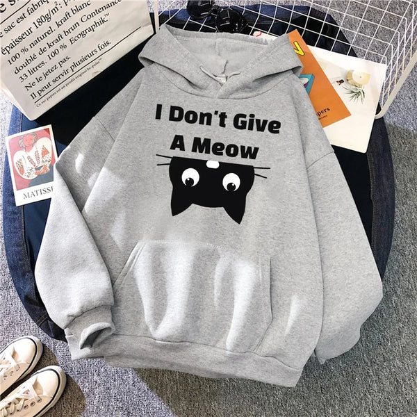 "I Don’t Give a Meow" Black Cat Hoodie Women Gothic