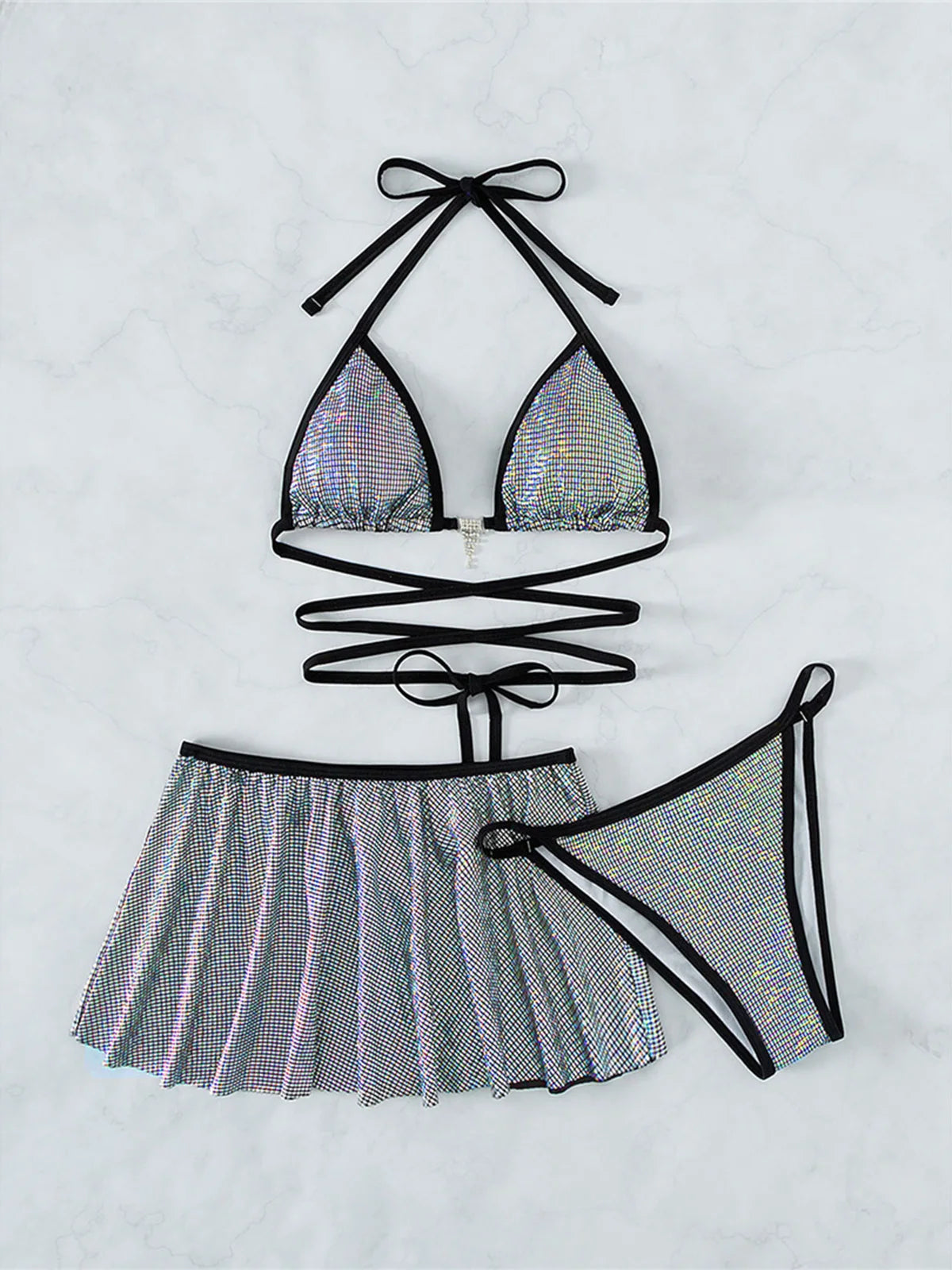 Wrap Around Halter Bikini with Skirt: 3-Piece Swimwear