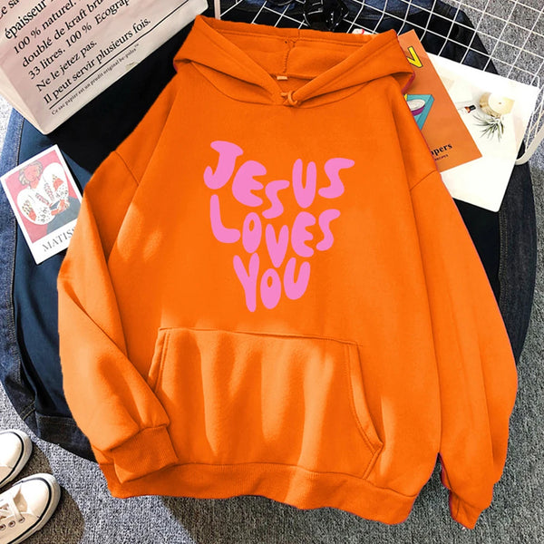 Jesus Loves You Letter Funny Prints Hoodies Women Fleece Pocket