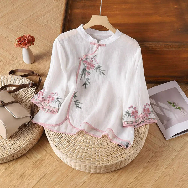 Womens Vintage Embroidered Top Cotton Linen Loose Summer Shirt