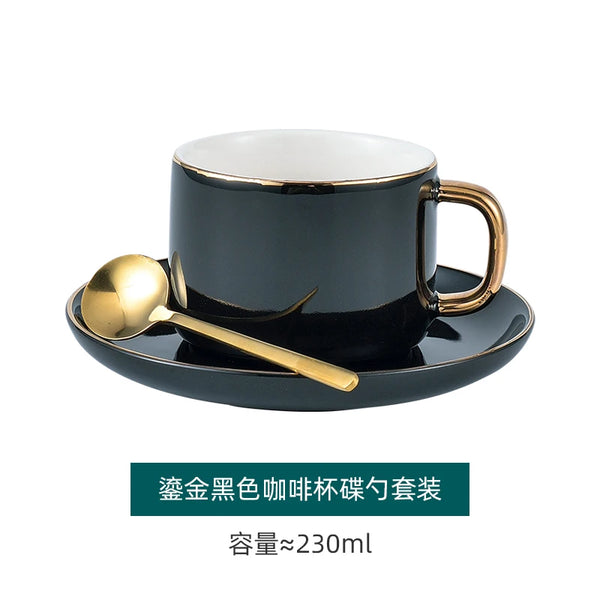 Gold Rim Coffee Cup and Saucer Set with Spoon European Ceramic