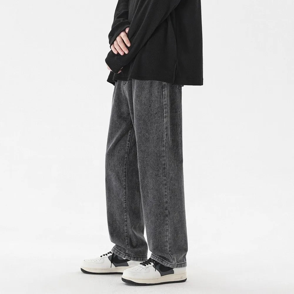 Men's Korean Casual Ankle Length Jeans Solid Wide-Leg Denim Pants