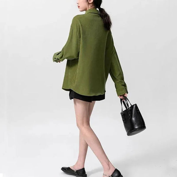 Green Irregular Shirt Women Vintage Collar Long Sleeve Button Top